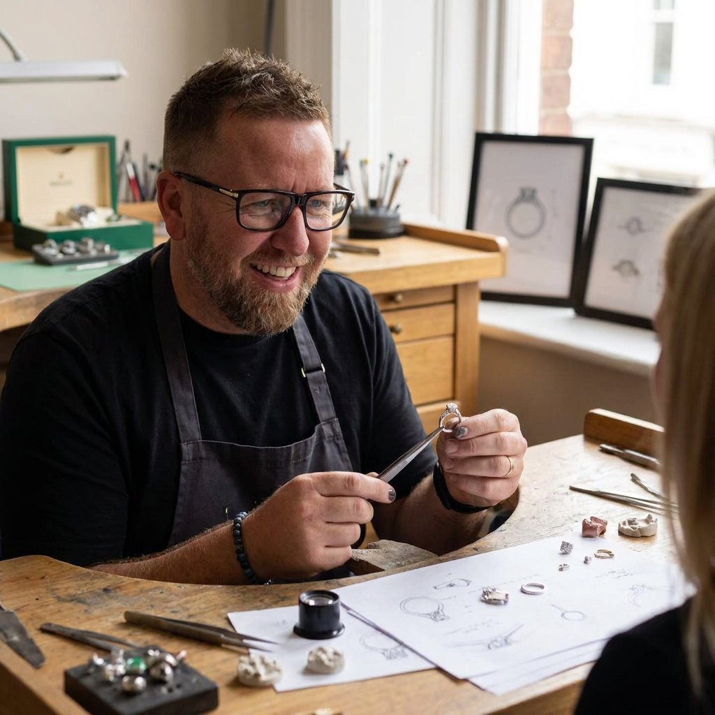 A professional jeweller examining a gemstone with a loupe.