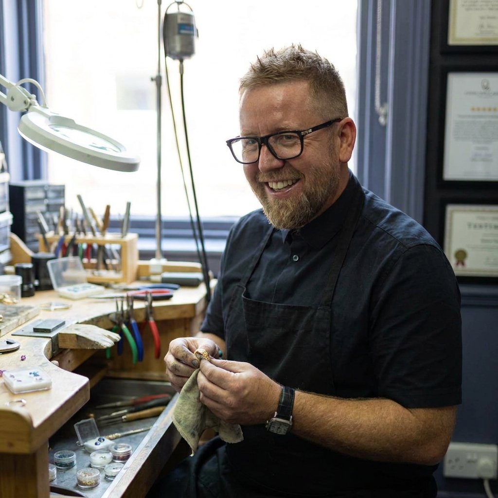 A jeweller meticulously crafting a silver bracelet by hand.