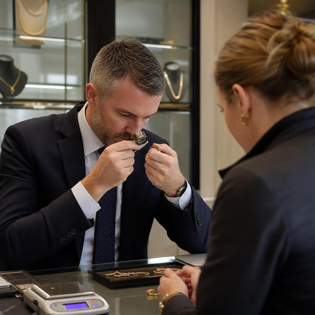 Customer evaluating gold jewellery