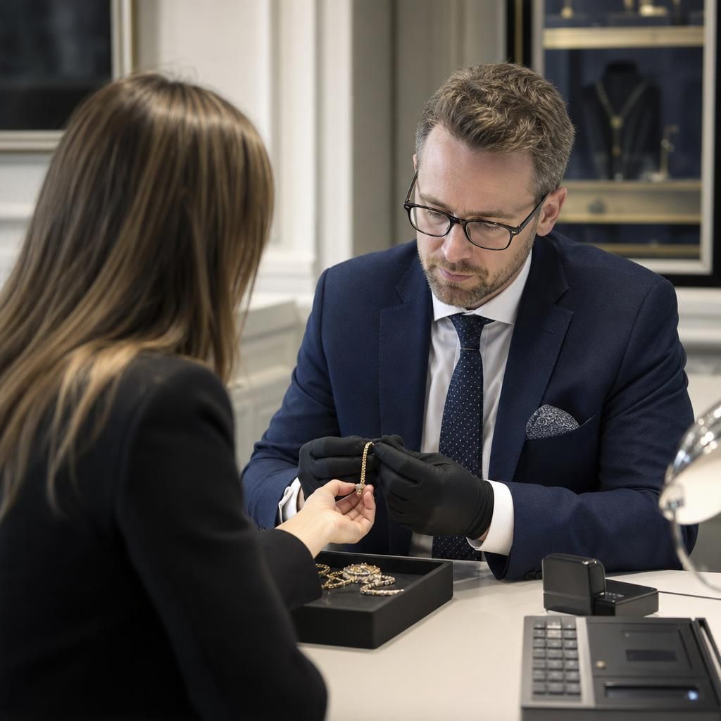 Customer receiving gold necklace appraisal