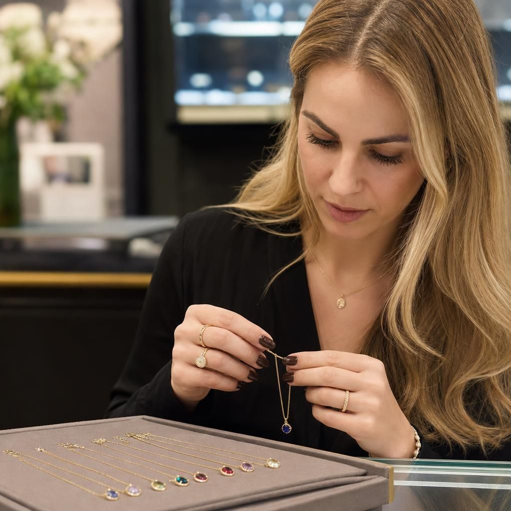 Close-up of birthstone necklaces featuring different gemstones