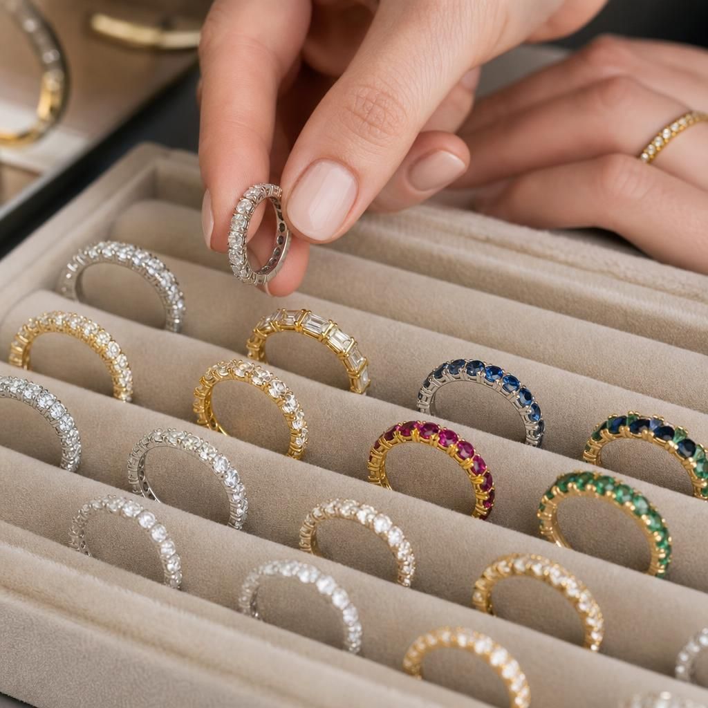 Platinum stacking rings with small gemstones on a textured surface
