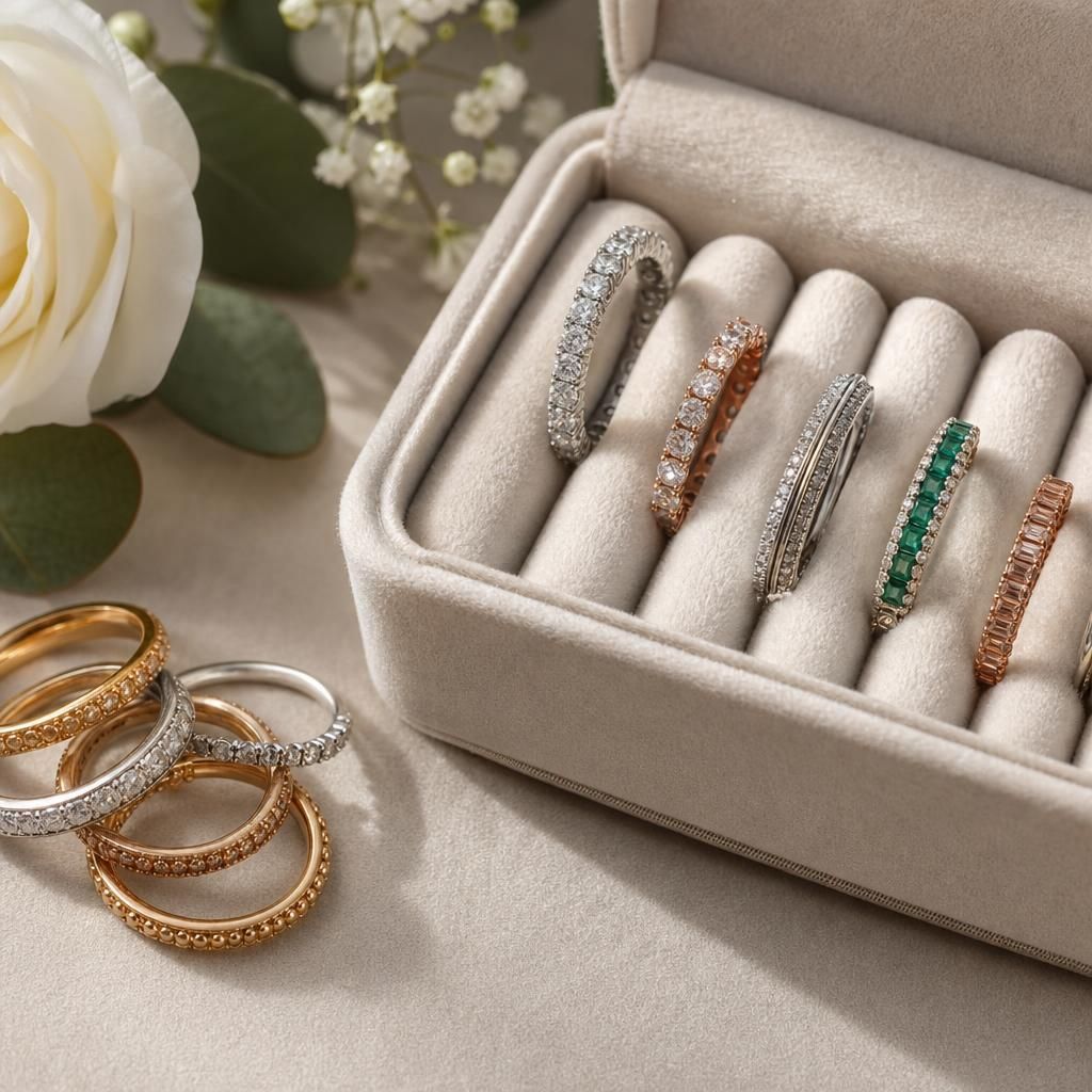 Sapphire eternity band beside a jewellery box